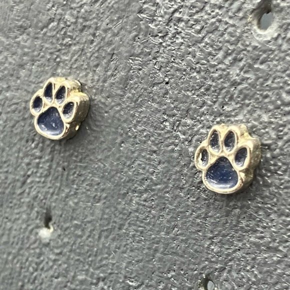 Mini Paw Print Earrings Stud Pierced Silver Dark Blue Enamel Pet Dog Mascot Vet - Picture 3 of 4